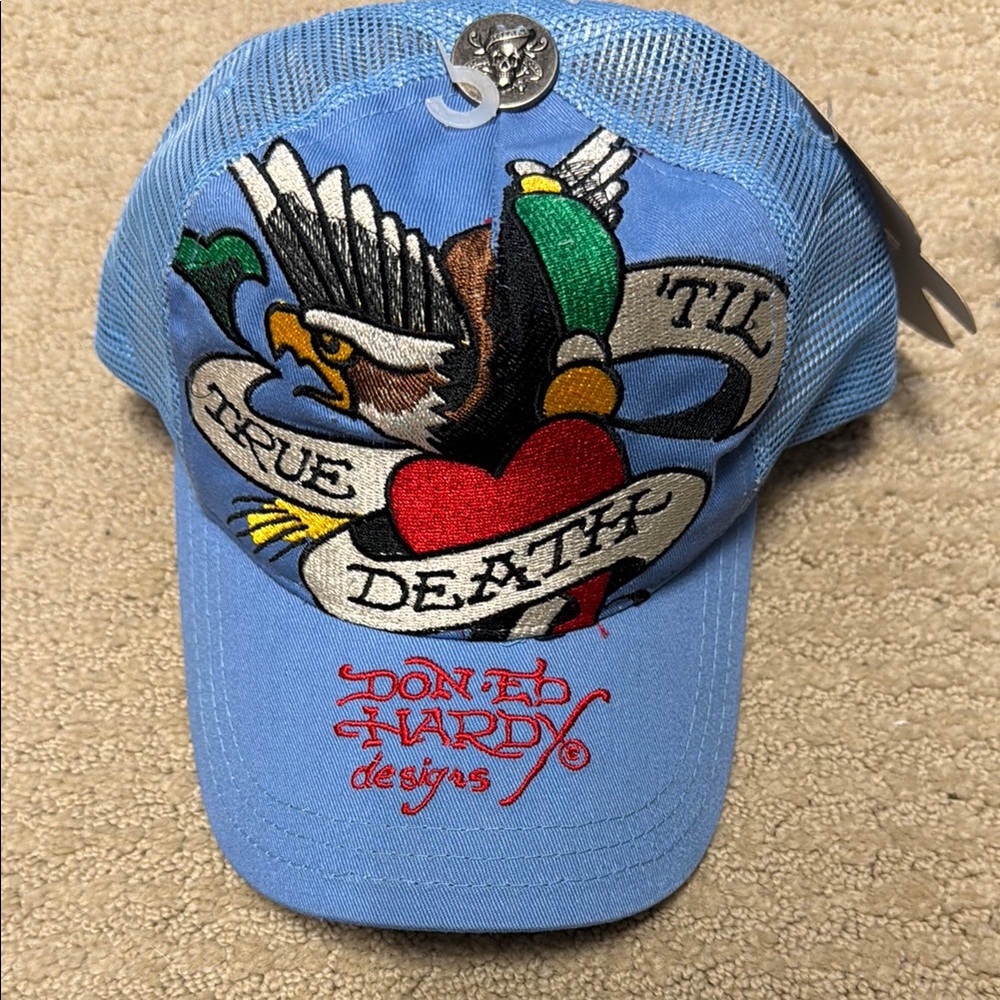 Ed Hardy Blue Trucker Hat with Eagle Design